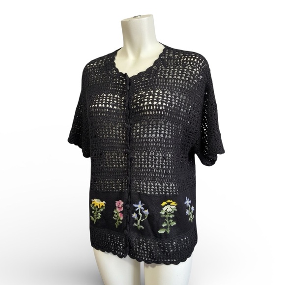 Vintage Teddi Black Crochet Floral Cardigan - Cottagecore Boho Sweater - Women L - Picture 2 of 8
